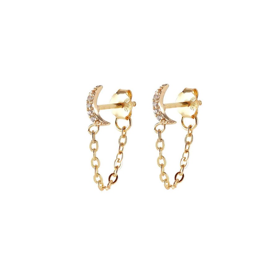 Earrings kris nations | Crescent Moon Crystal Chain Stud Earrings