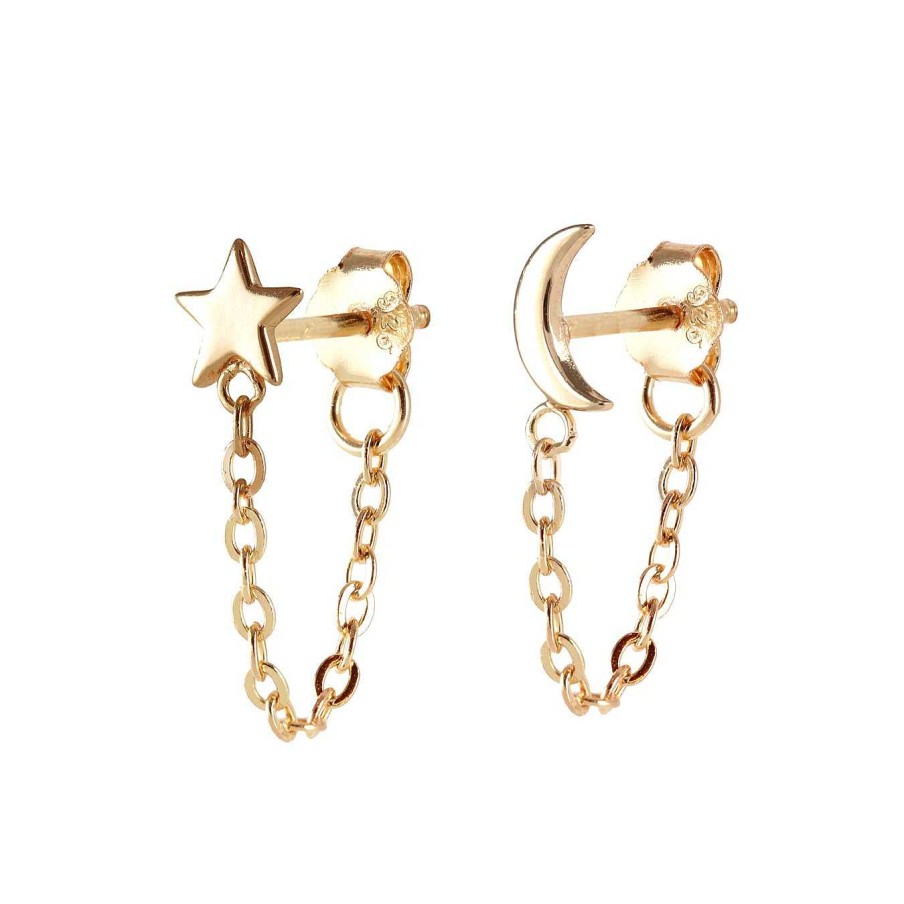 Earrings kris nations | Star Moon Chain Stud Earrings 18K Gold Vermeil